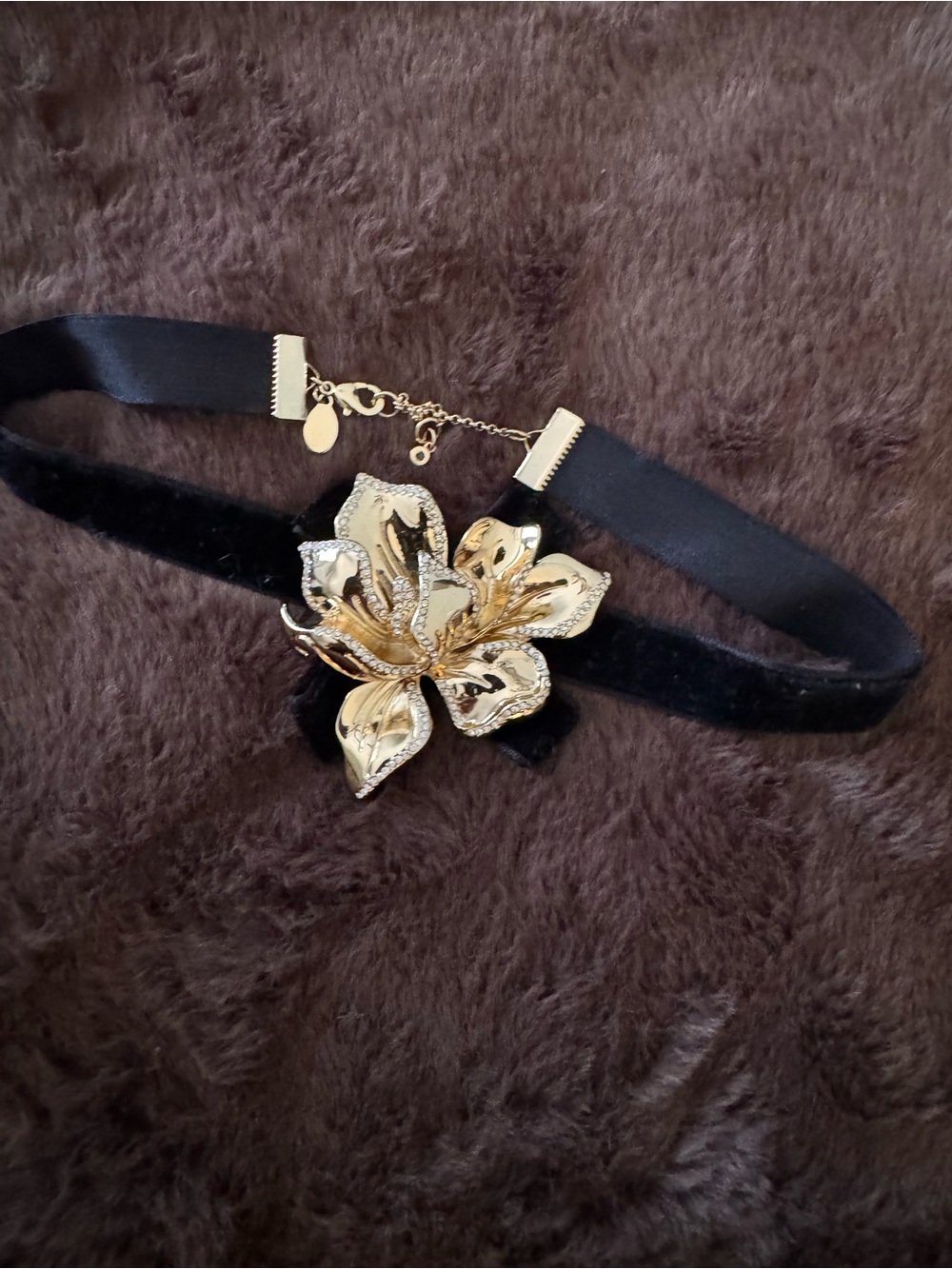 Black Velvet Choker with Gold Floral Accent Necklace
